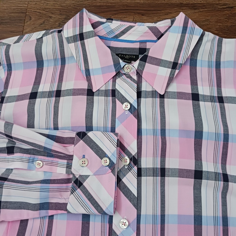 Talbots Plus Womens 1X Pink Blue Plaid Button Down Shirt 100% Cotton Long Sleeve
